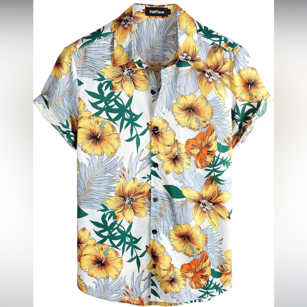 Mens 100% Cotton Hawaiian Flower Short Sleeve Button Down Regular Fit Size M